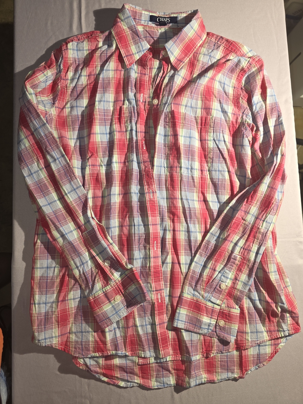 Chaps Pink/Blue/White/Green THIN Plaid Button-Down Shirt